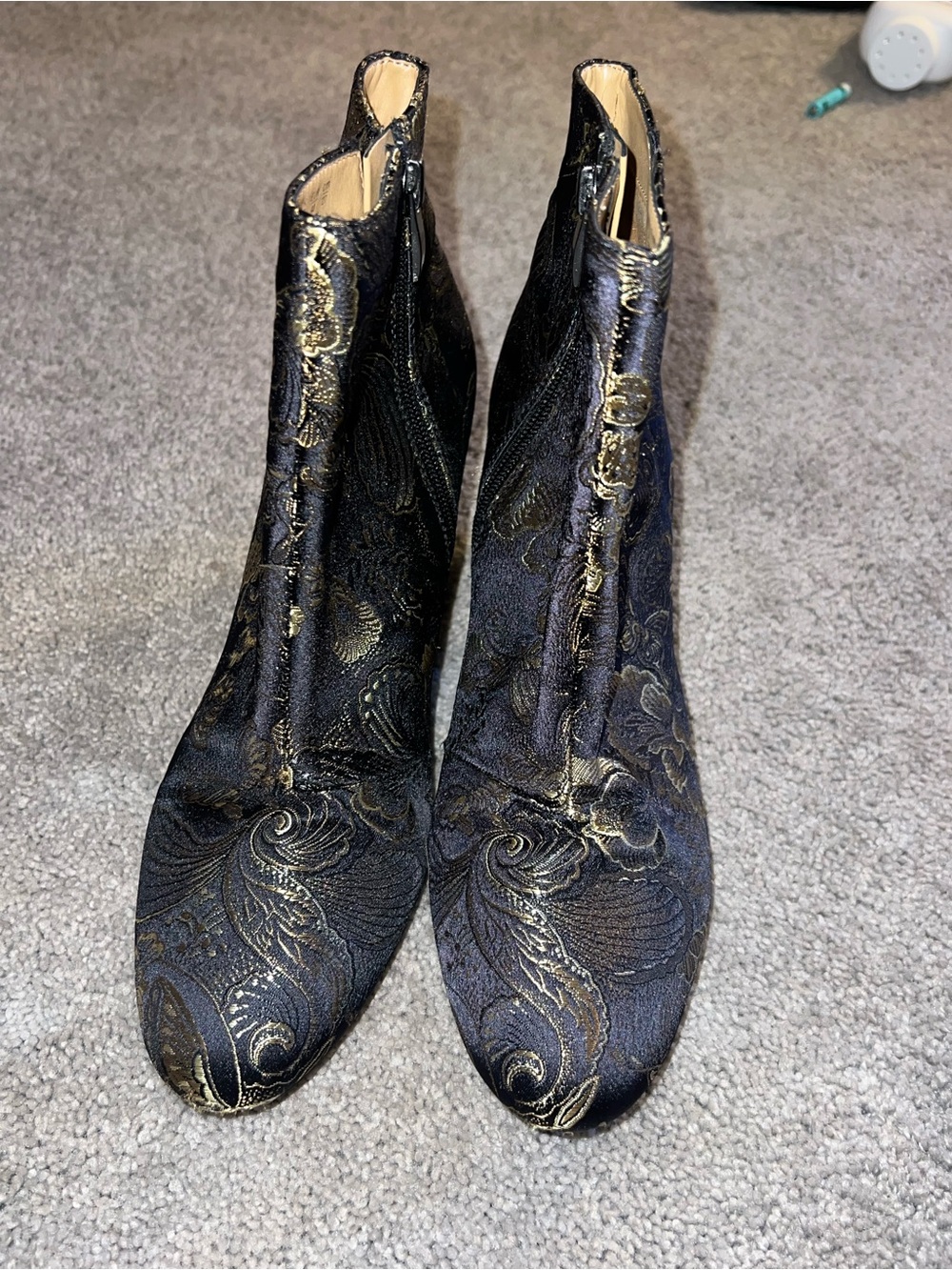 Franco Sarto Black & Gold Brocade Ankle Booties